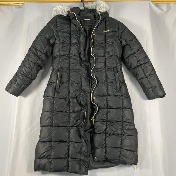 Southpole Jackets & Blazers - Southpole Coat Womens Medium Black Long Down Puffer Hood Faux Fur Zip Quilted